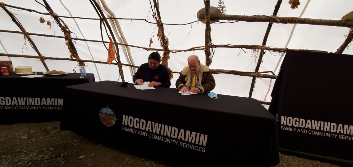 “CEO Kerry Francis, President Dr. Ron Common signing Collaboration Agreement at Garden River First Nation Teaching Lodge." “CEO Kerry Francis, President Dr. Ron Common signing Collaboration Agreement at Garden River First Nation Teaching Lodge."